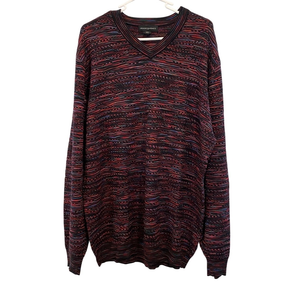 Vintage Jhane Barnes Mens XL Silk Cotton Blend 3D Textured V-Neck Sweater Red